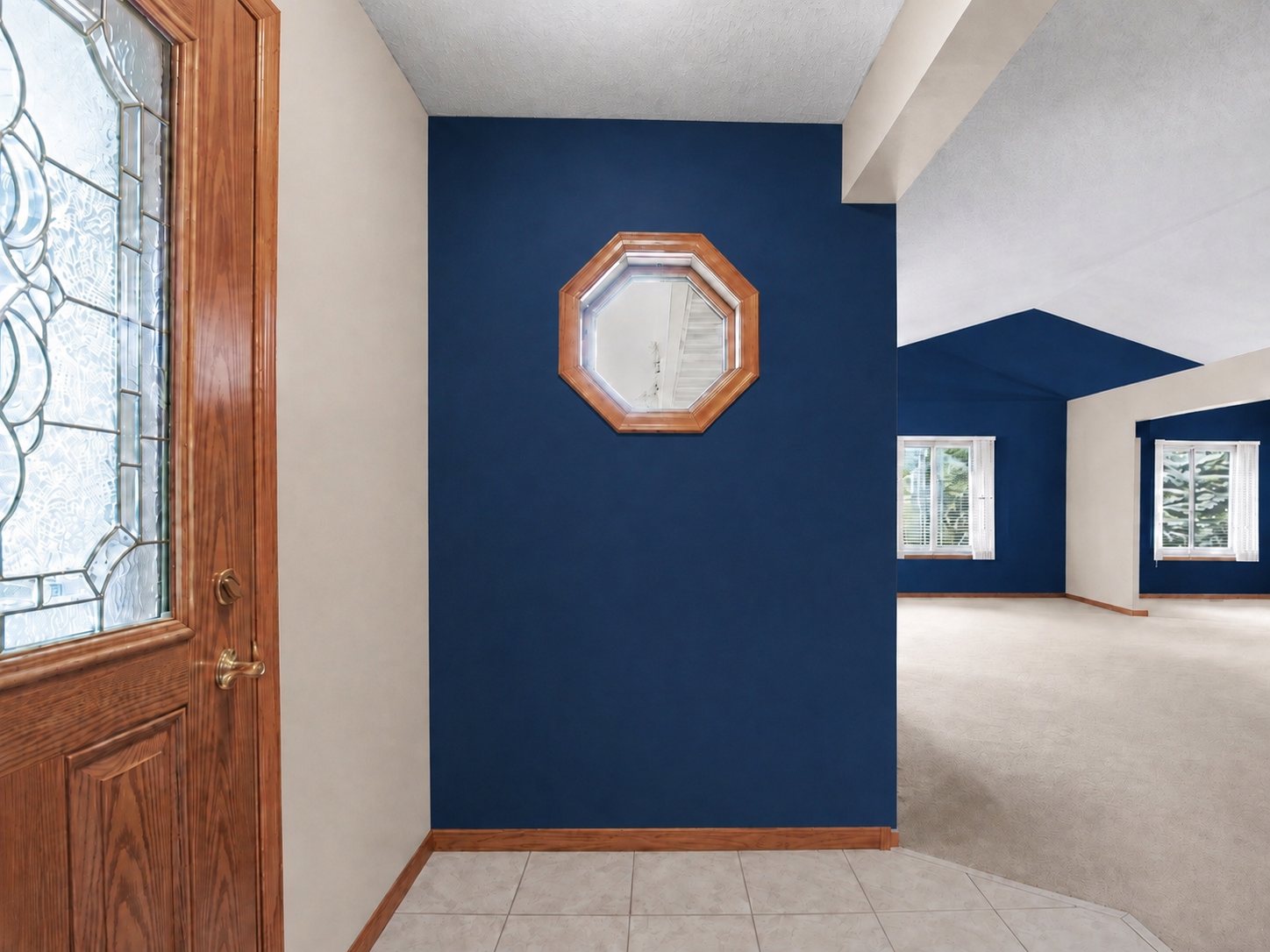 AI mockup of a Ham Lake entry with a navy accent wall and an octagon window